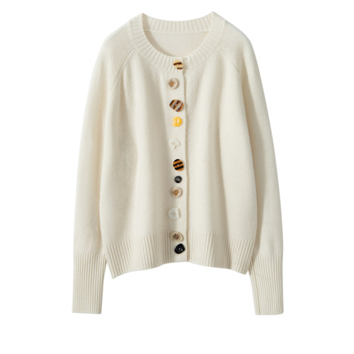 100%纯山羊绒开衫女圆领彩扣外套