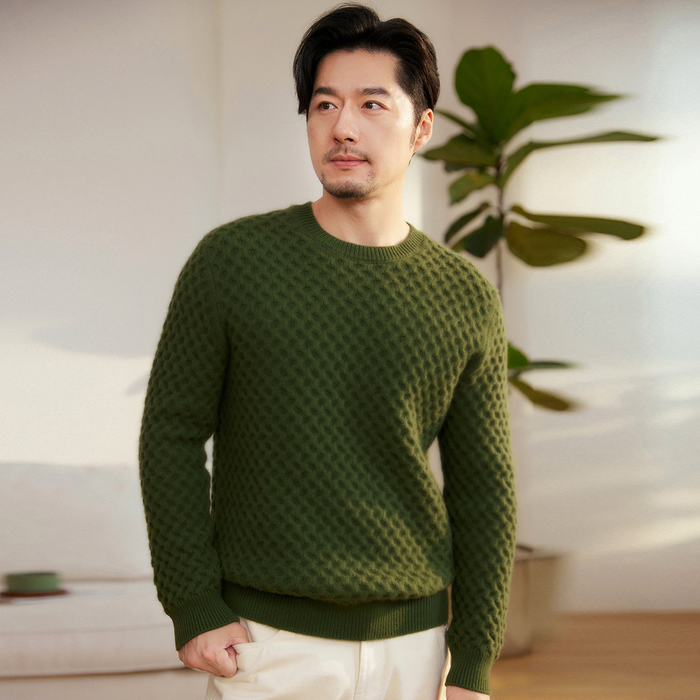 秋冬100%纯山羊绒圆领针织毛衣男