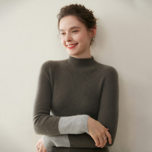 100%纯山羊绒撞色半高领羊绒衫女