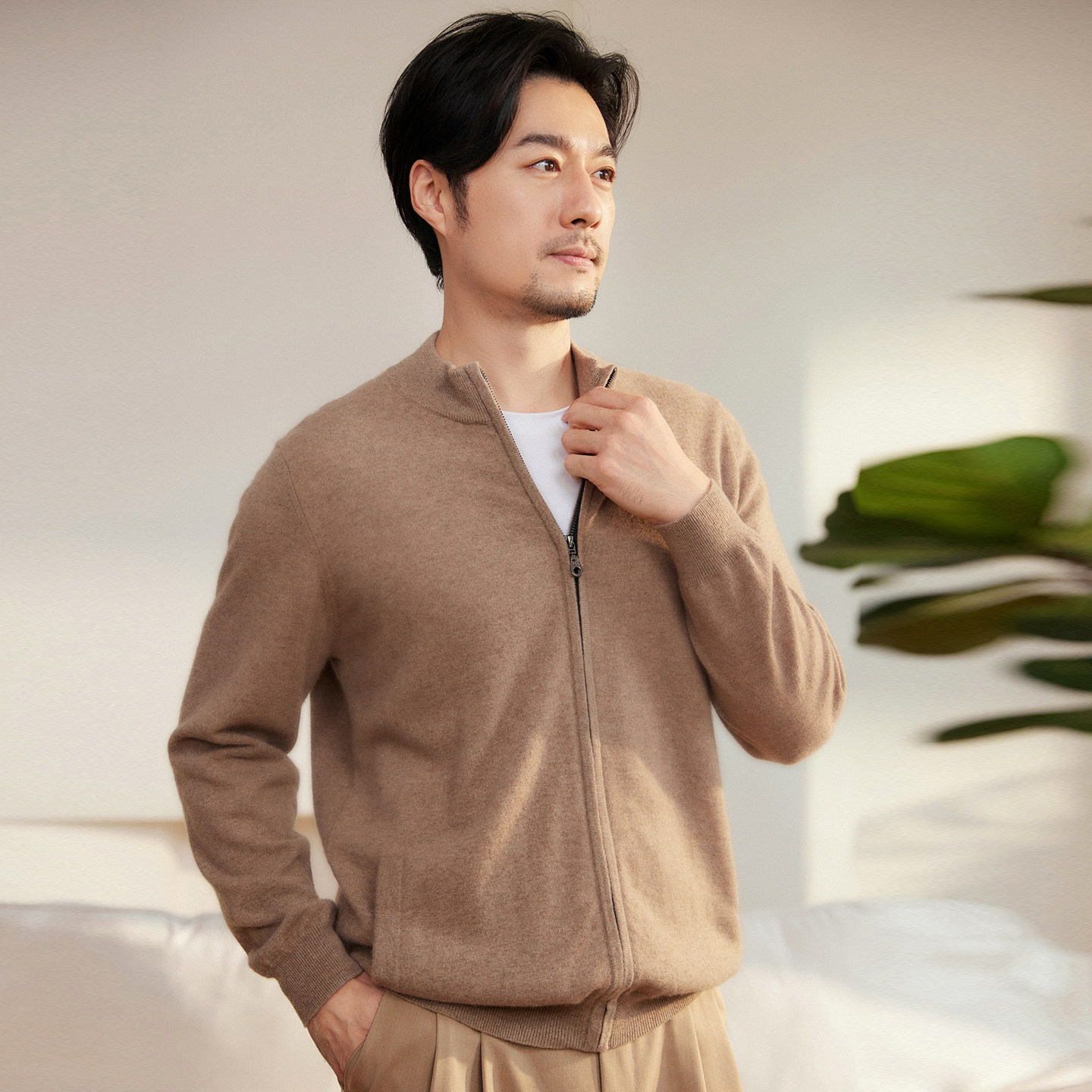 秋冬100%纯山羊绒立领针织开衫男