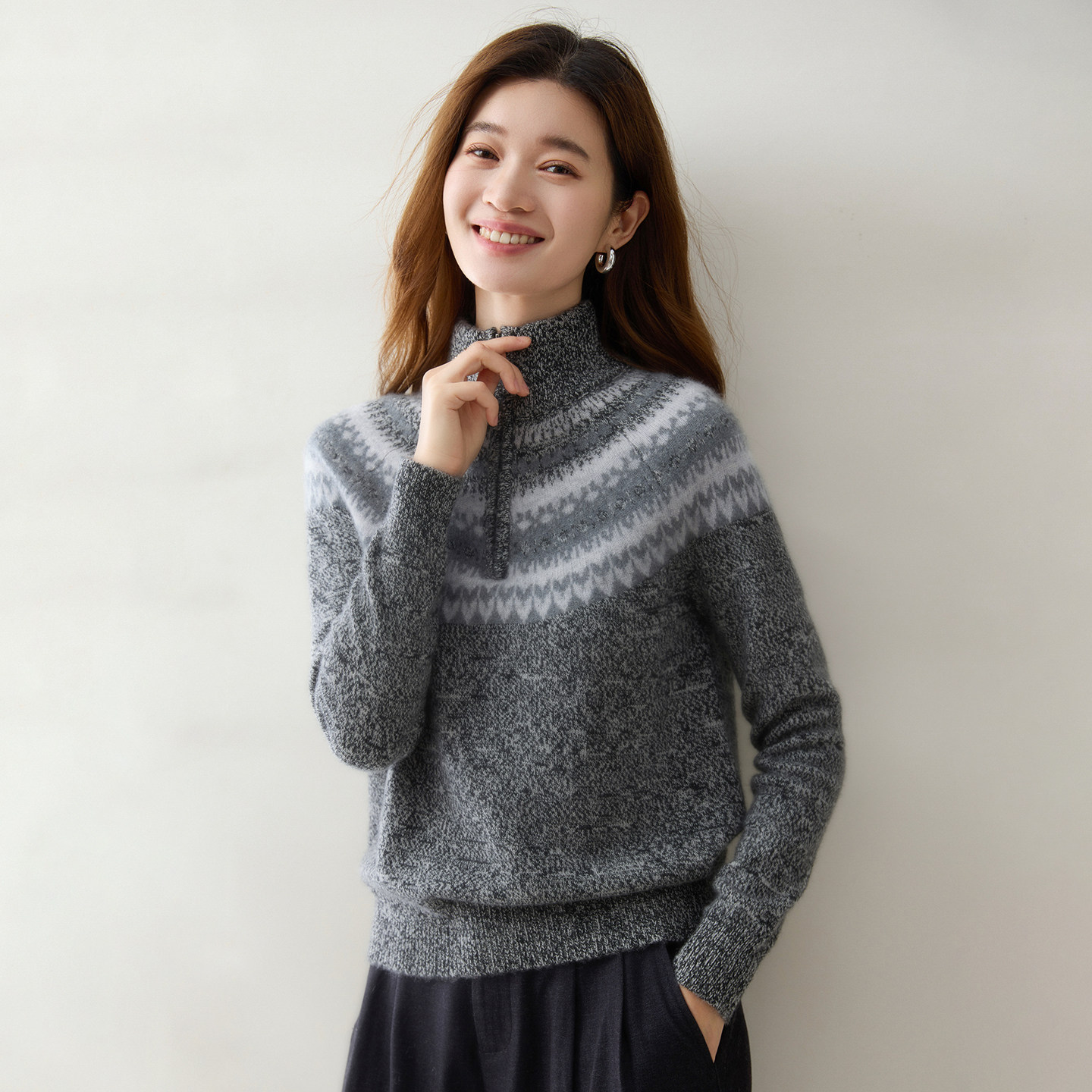 秋冬100%纯山羊绒半拉链针织衫女