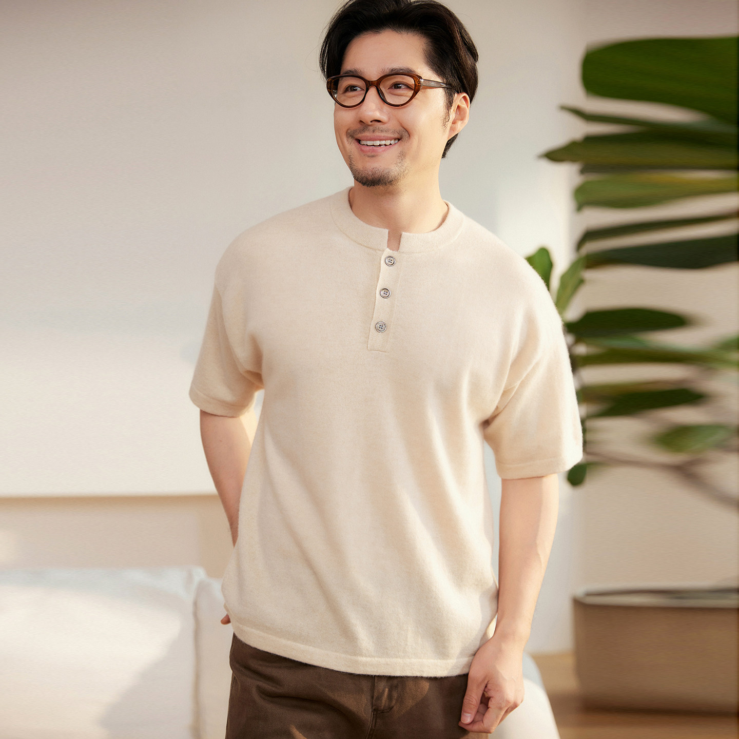 秋冬100%纯山羊绒亨利领针织半袖