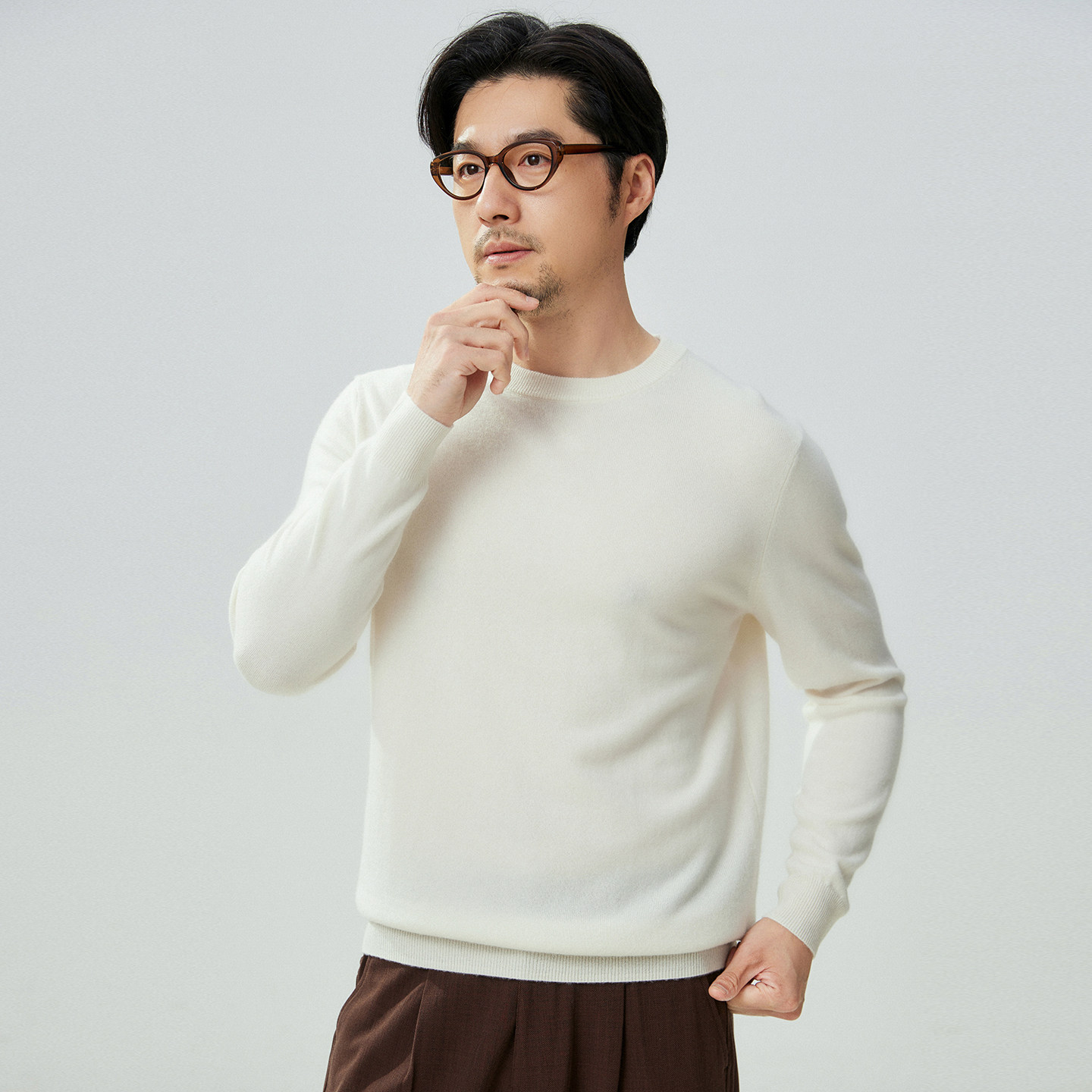 秋冬100%纯山羊绒圆领针织毛衣男