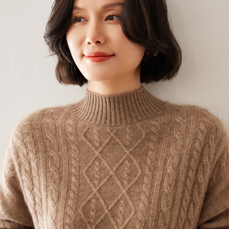 100%纯山羊绒衫女半高领绞花毛衣