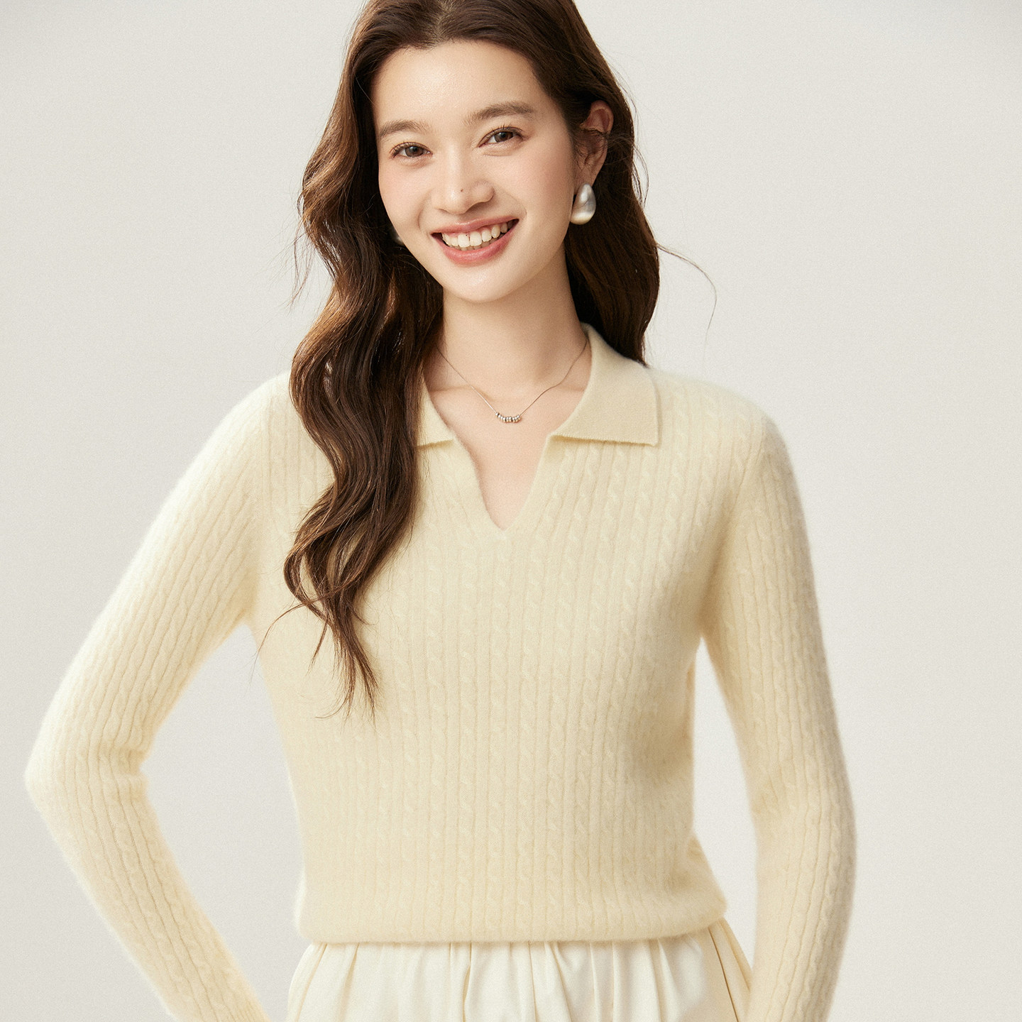 秋冬新款轻奢POLO领100%纯山羊绒衫女长袖毛衣麻花纯色针织打底衫