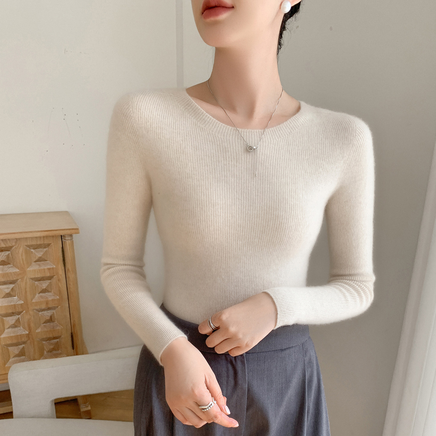 100%纯山羊绒针织衫女修身显瘦