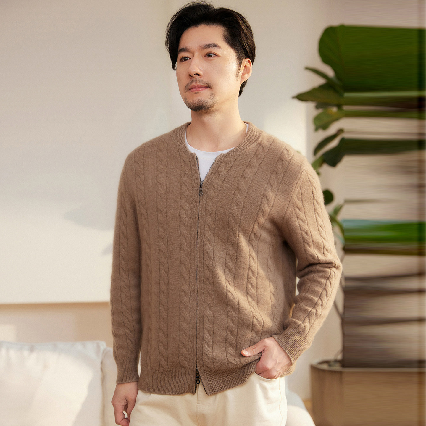 秋冬100%纯山羊绒V领针织开衫男