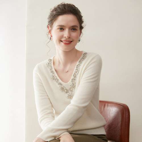 镶钻100%纯山羊绒针织衫V领