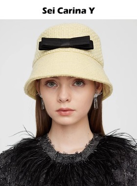 Sei Carina Y蝴蝶结粗花呢渔夫帽可爱甜美盆帽女小众百搭时尚