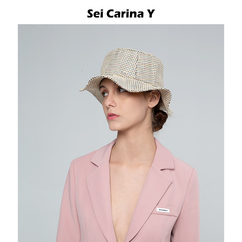 Sei Carina Y草编水钻礼帽新款英伦复古波浪边帽子张超张一山同款