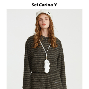Carina 秋冬毛毛套装 Y条纹圆领短款 女时尚 可爱上衣 外套短裤 Sei