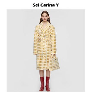 Sei 大衣女高级宽松保暖 Carina Y提花绒格子呢大衣女秋冬中长款