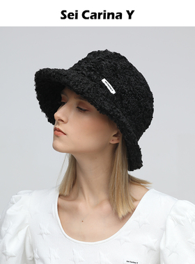 Sei Carina Y仿羊羔毛渔夫帽新款毛绒宽檐盆帽女小众帽子百搭秋冬