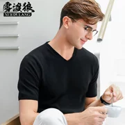 Áo len cashmere tay ngắn nam cổ chữ V áo len mùa thu và mùa đông nửa tay phiên bản Hàn Quốc của áo sơ mi cổ lọ phần mỏng áo len cashmere màu rắn - Áo len Cashmere