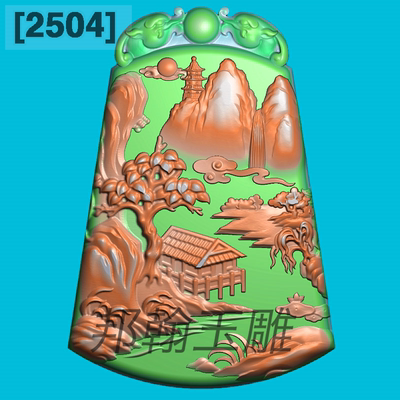 2504高山流水李白迎客松精雕图玉雕山水牌jdp灰度图bmp浮雕图电脑