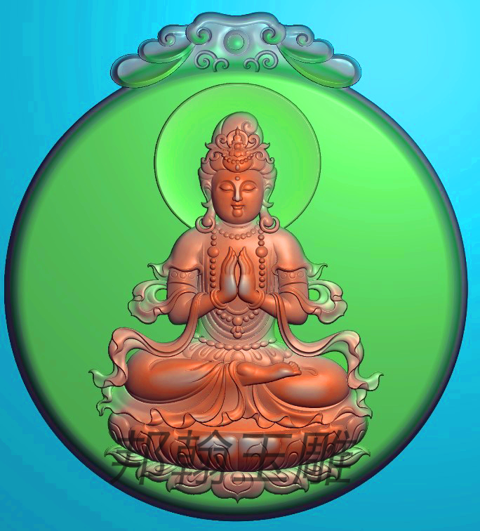 仿古牌头圆正装坐观音双手合十精雕图玉雕浮雕图电脑雕刻图灰度图
