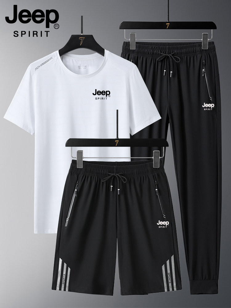 지프 아이스 실크 스포츠 정장 남성 여름 플러스 사이즈 아빠 캐주얼 긴 바지 반팔 티셔츠 속건성 3 피스 세트