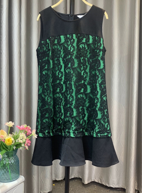 【乔帛】蕾丝拼接连衣裙女 大码宽松遮肚显瘦中长款短袖a字裙