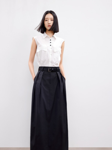 尤西子 夏新款时尚百搭翻领无袖白色衬衫女显瘦减龄高级气质通勤