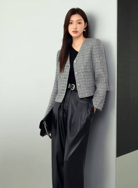 尤西子绵羊毛2026小香风灰色短外套V领 干练气质OL风通勤新年特惠