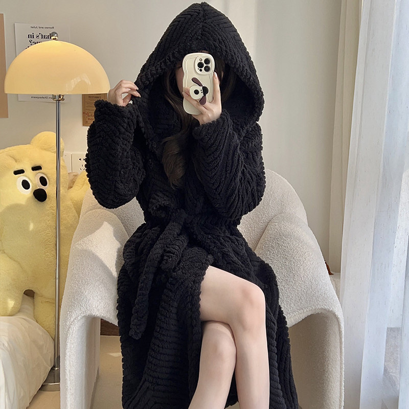 珊瑚绒睡袍女冬季长版加厚加绒浴衣浴袍黑色连帽晨袍2026新款睡衣