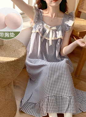 小飞袖吊带睡裙女夏季带胸垫公主风格子2026新薄款睡衣孕妇家居服