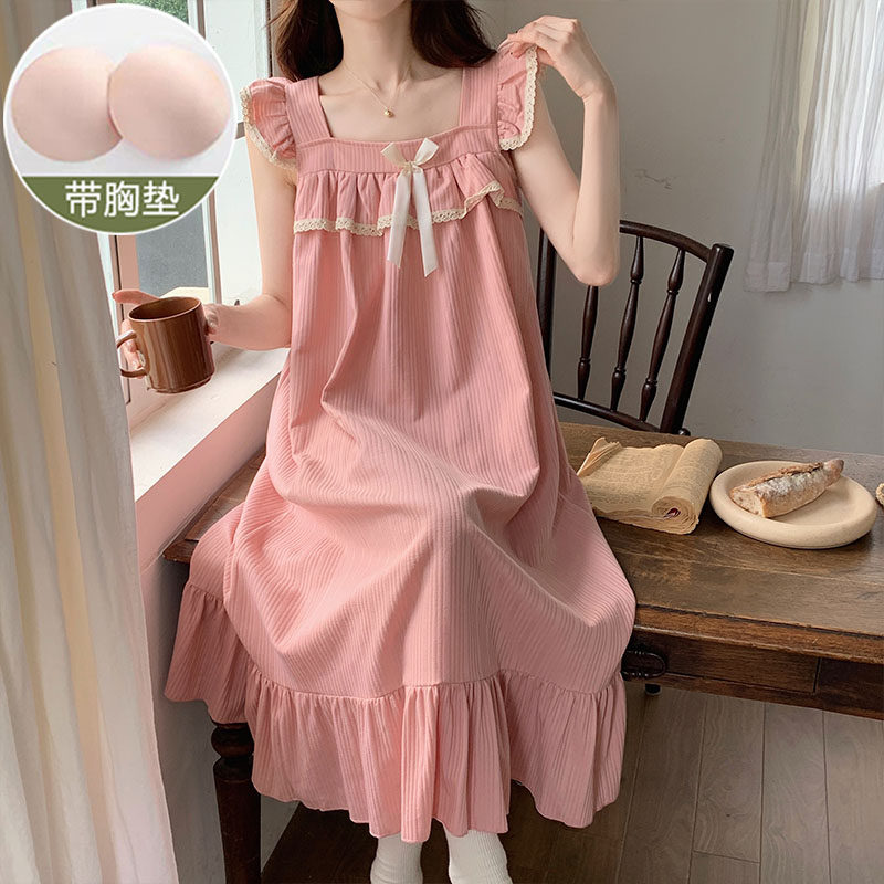 吊带睡裙女夏季2025新款棉质粉色公主风甜美带胸垫小飞袖孕妇睡衣