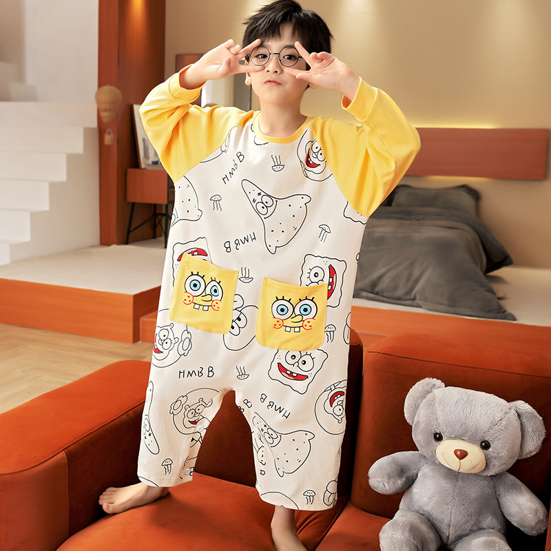 CHILDRENS PAJAMAS FOR BOYS ONE-PIECE SPRING AND AUTUMN COTTON BOYS LONG SLEEVES ONE-PIECE DINOSAUR BABY BIG CHILDRENS LOUNGEWEAR