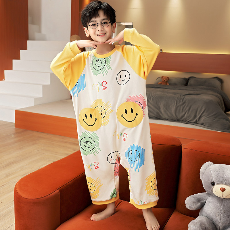 CHILDRENS PAJAMAS FOR BOYS ONE-PIECE SPRING AND AUTUMN COTTON BOYS LONG SLEEVES ONE-PIECE DINOSAUR BABY BIG CHILDRENS LOUNGEWEAR