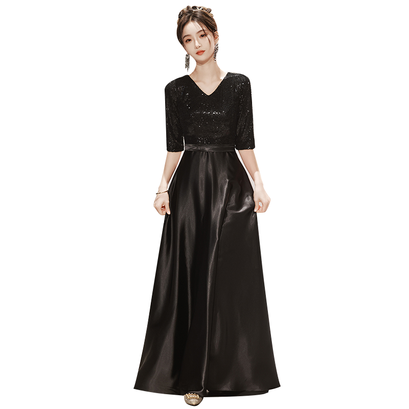 黑色大合唱团演出女主持指挥服舞台比赛宴会表演成人晚礼服装长裙