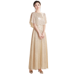 高端大合唱团演出服女长裙香槟色晚礼服年会主持人礼仪走秀舞台服