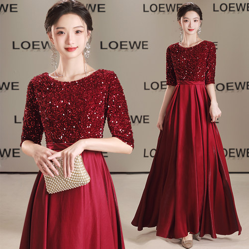 酒红色晚礼服大合唱团演出服女