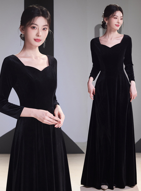 大合唱团钢琴表演黑色长袖简约指挥服年会女演出服晚礼服长裙成人