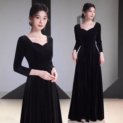大合唱团钢琴表演黑色长袖简约指挥服年会女演出服晚礼服长裙成人