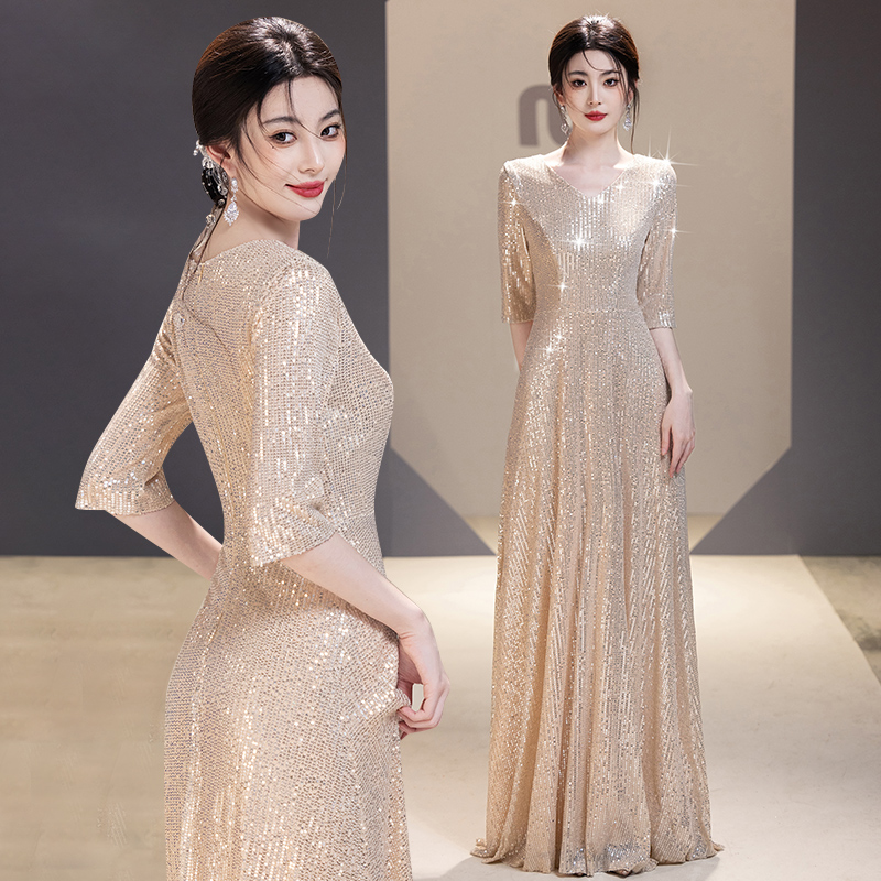 合唱团演出服香槟色中袖V领亮片指挥服女长裙气质轻奢年会晚礼服