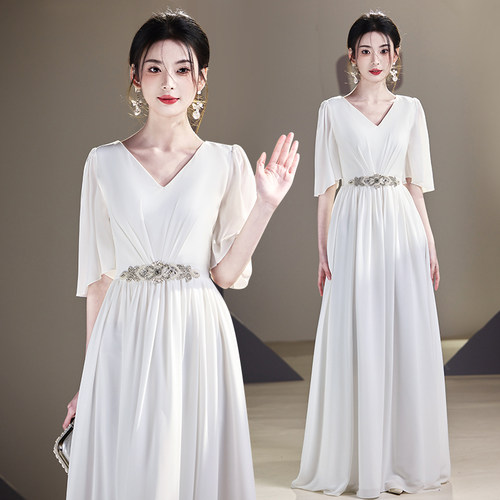 白色新款大合唱团演出服女主持舞台比赛宴会钢琴演奏晚礼服装长裙