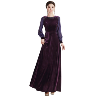 大合唱团演出服紫色丝绒长袖晚礼服宴会年会名媛主持人指挥长款秋
