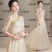 高端香槟色晚礼服年会大合唱团演出服女长裙主持朗诵舞台表演服装