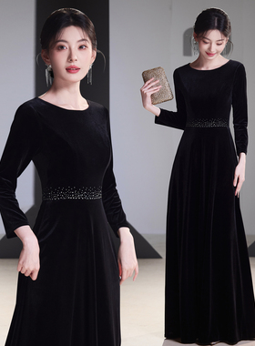 大合唱团钢琴表演黑色长袖指挥服年会主持女演出服晚礼服长裙成人