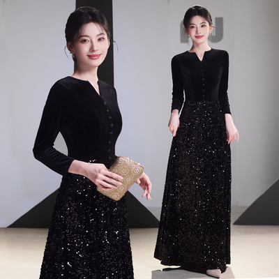 黑色长袖指挥服晚礼服高级感年会轻奢大合唱团演出女长裙钢琴演奏