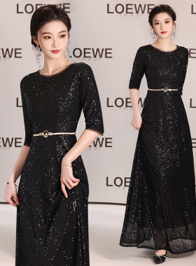 黑色大合唱团演出女主持指挥服钢琴演奏艺考表演成人晚礼服装长裙