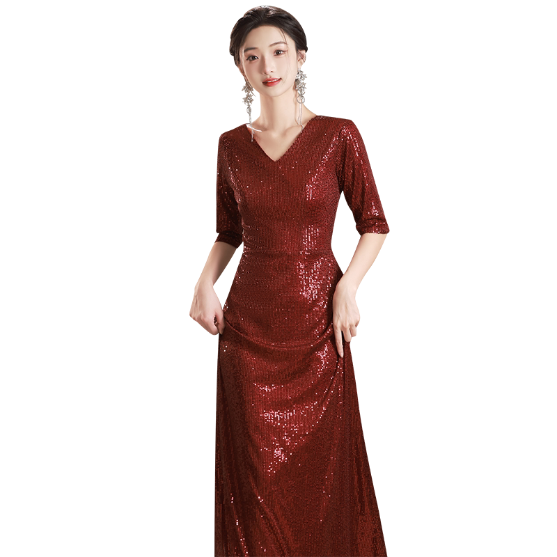 酒红色亮片大合唱团演出服女长裙服装艺考独唱朗诵表演主持人礼服
