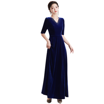 蓝色丝绒晚礼服大合唱团演出服女