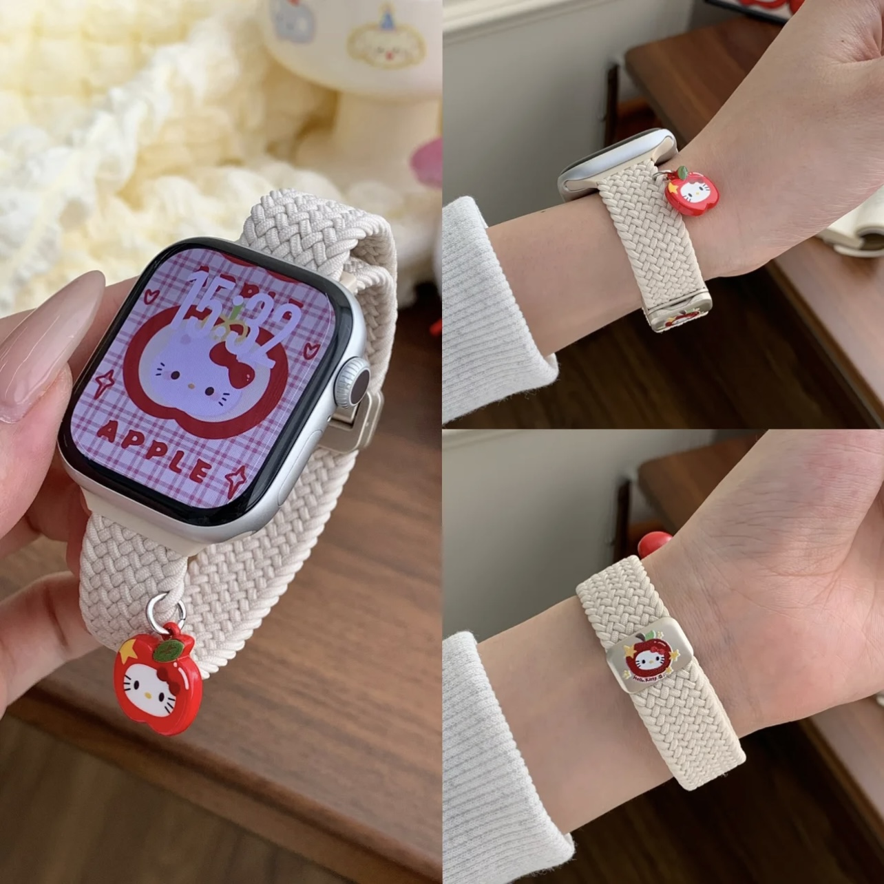 适用苹果S11手表Kitty猫吊坠弹力编织磁吸表带applewatchs10987SE