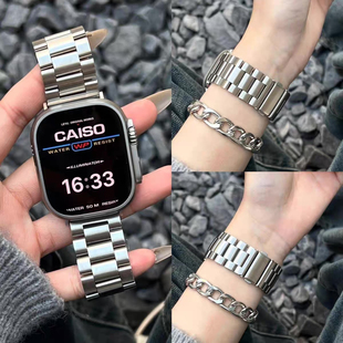 三珠高级不锈钢适用华强北s10手表表带金属苹果appleiwatch98男女