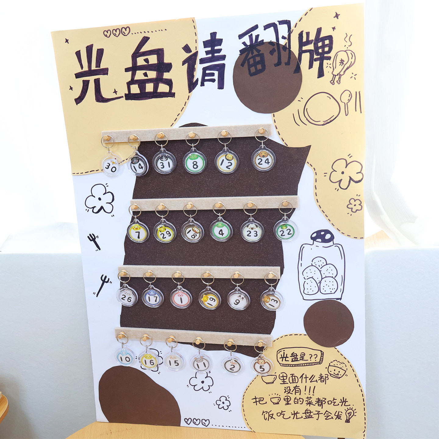 幼儿园环创光盘行动美拉德色系卡纸主题墙焦糖色教室签到卡牌手工