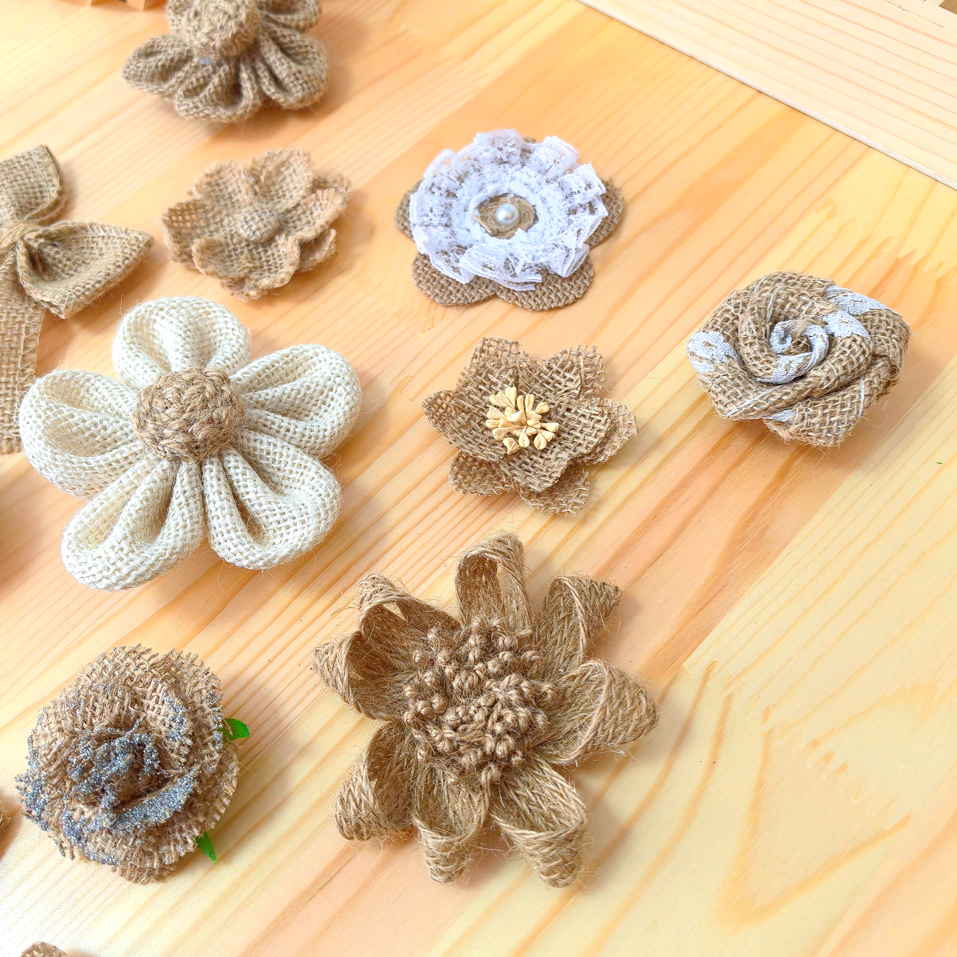 原木风麻布蝴蝶结花朵幼儿园成品手工作品环创主题墙边框装饰材料