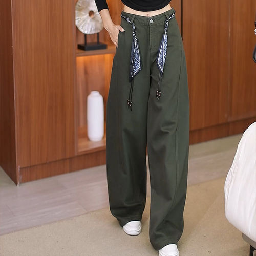 军绿色牛仔裤女高腰显瘦弯刀裤子