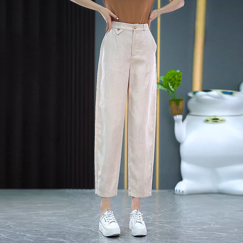 天丝亚麻八分薄款哈伦裤女2025夏季新款高腰显瘦西装裤小脚休闲裤