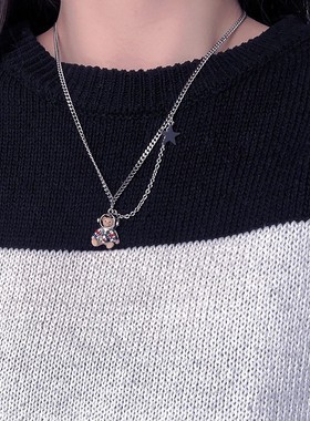 欧美个性钛钢小熊星星项链